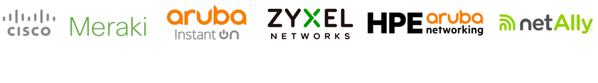 Cisco, Meraki, Aruba, Zyxel, HPE Aruba, and netAlly logos on a white background