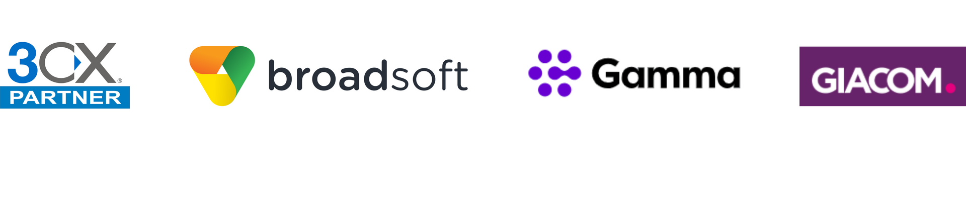 Logos for 3CX, BroadSoft, Gamma, and Giacom on a white background