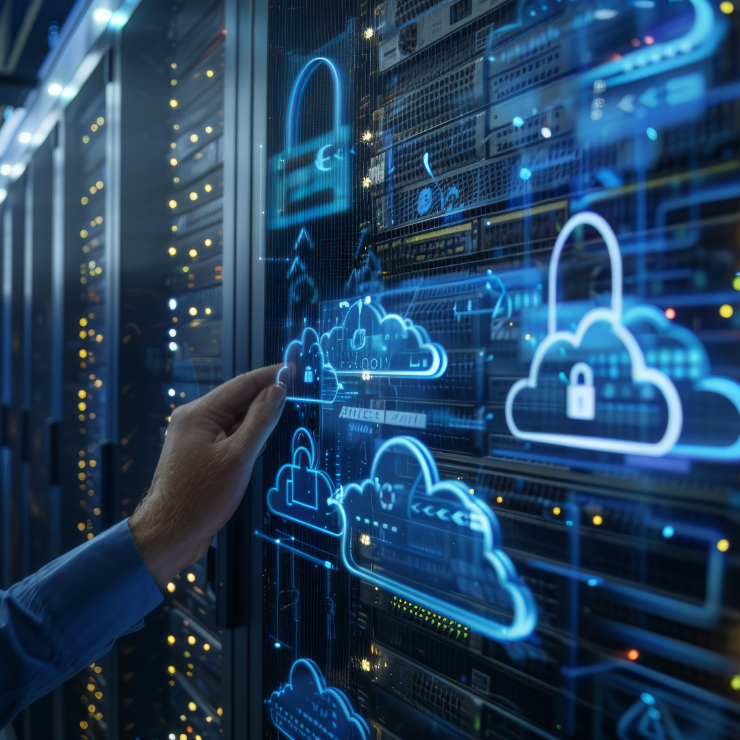 Hand reaching toward glowing cloud security icons on a server rack screen