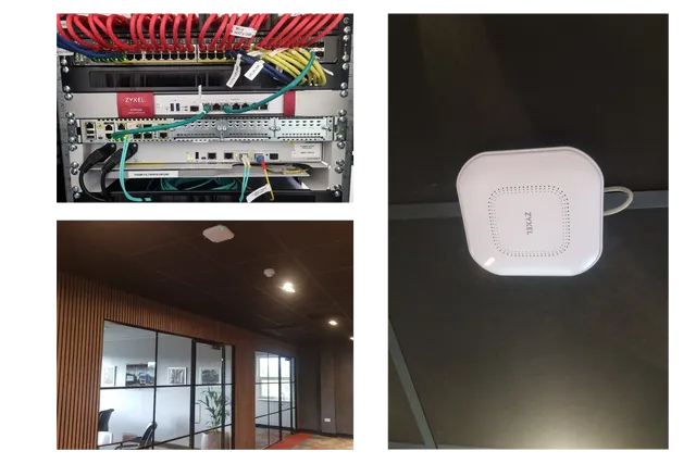 Collage of a network rack, office interior, and a square white Zyxel Wi-Fi router on a dark ceiling