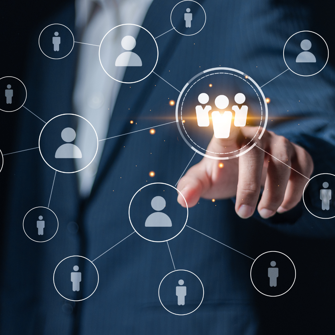 Hand touching glowing network icons, representing online connections and social networking.