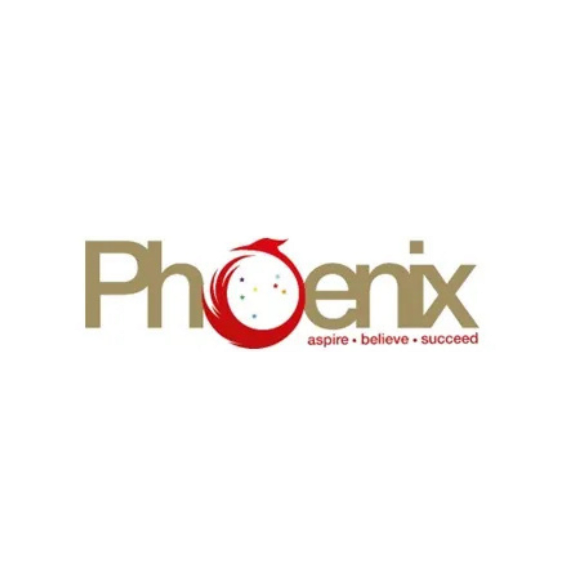 Phoenix logo with gold text and a red circular phoenix emblem; tagline reads “aspire • believe • succeed”