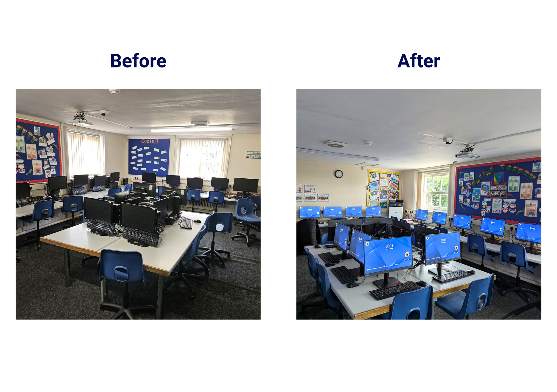 Before-and-after view of a school computer lab, showing rows of desks and monitors with a blue-themed classroom wall.
