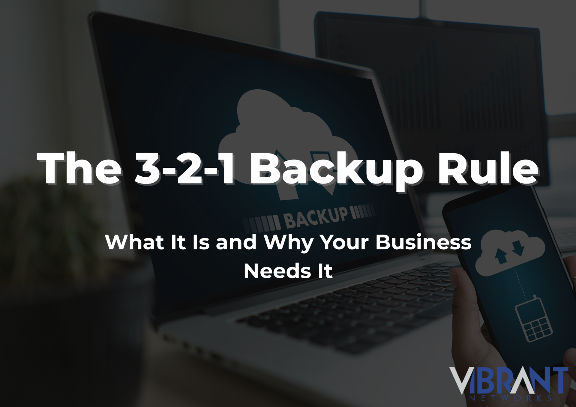 Title slide with laptop background: “The 3-2-1 Backup Rule” and subtitle about business backup needs.
