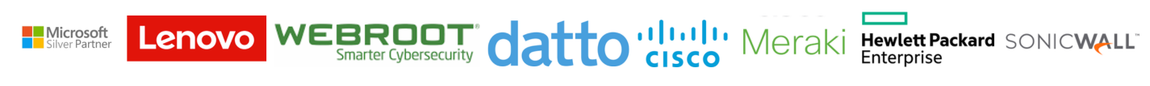 Logos for Google, Lenovo, Webroot, Datto, Cisco, Mark, and Hewlett Packard Enterprise on a white banner