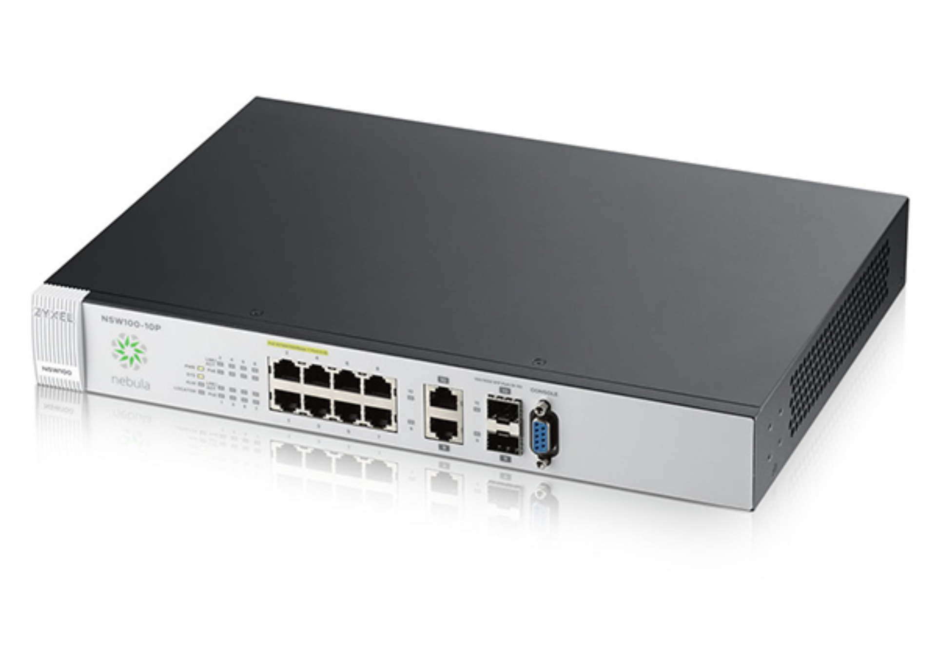 Silver network switch with multiple Ethernet ports and two USB ports on a white background (Zyxel nebula cloud managed POE switch)