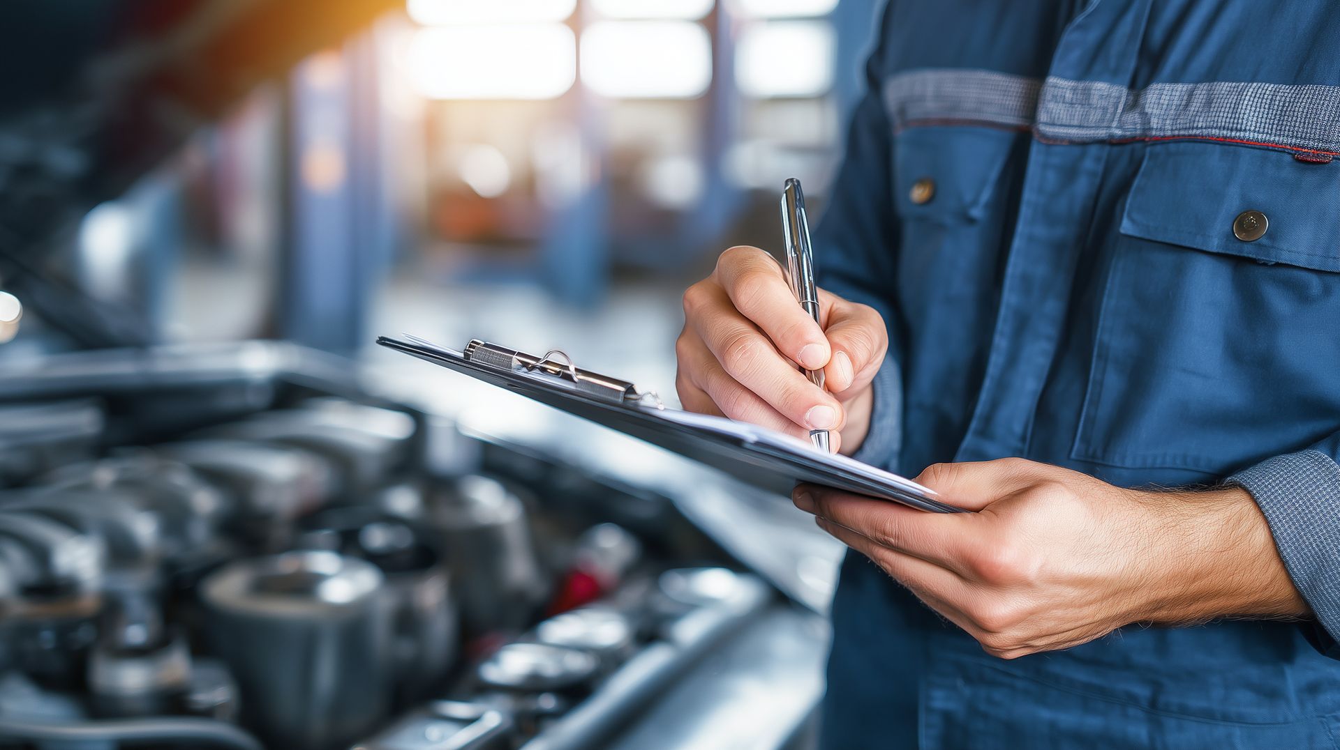Mechanic in blue shirt writing on a clipboard beside a car in a garage
