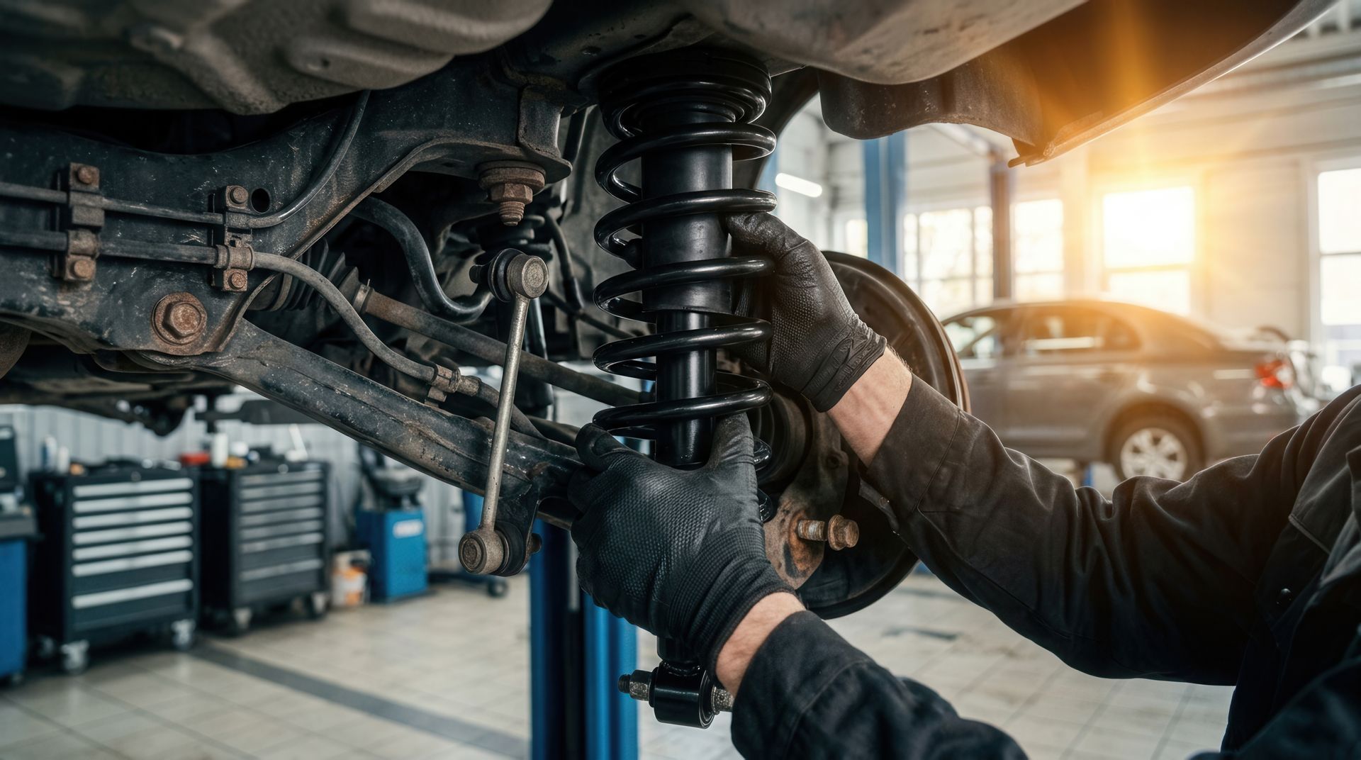 Mechanic inspecting a car’s suspension in an auto repair shop, with tools and a lifted vehicle.