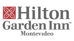Logotipo del Hilton Garden Inn Montevideo con icono de flor roja y texto gris.