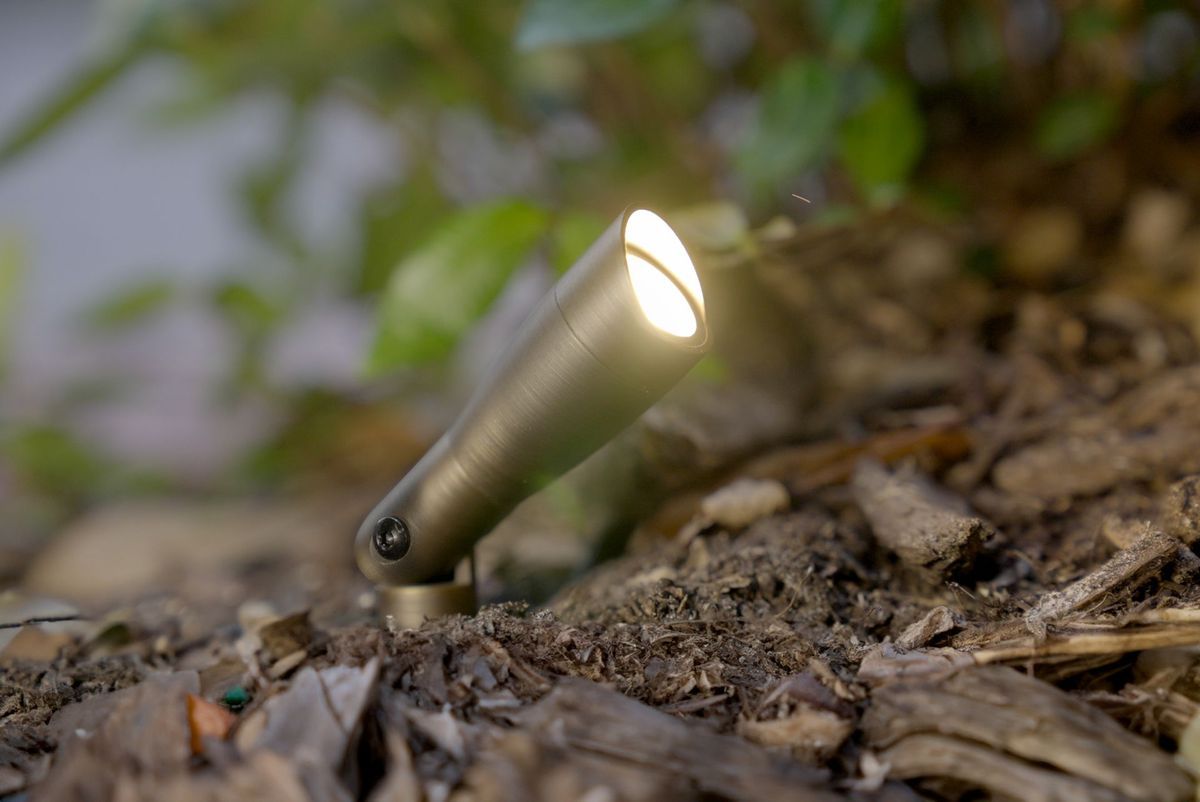 Small flashlight lying on the ground, shining a bright beam across dirt and leaves outdoors