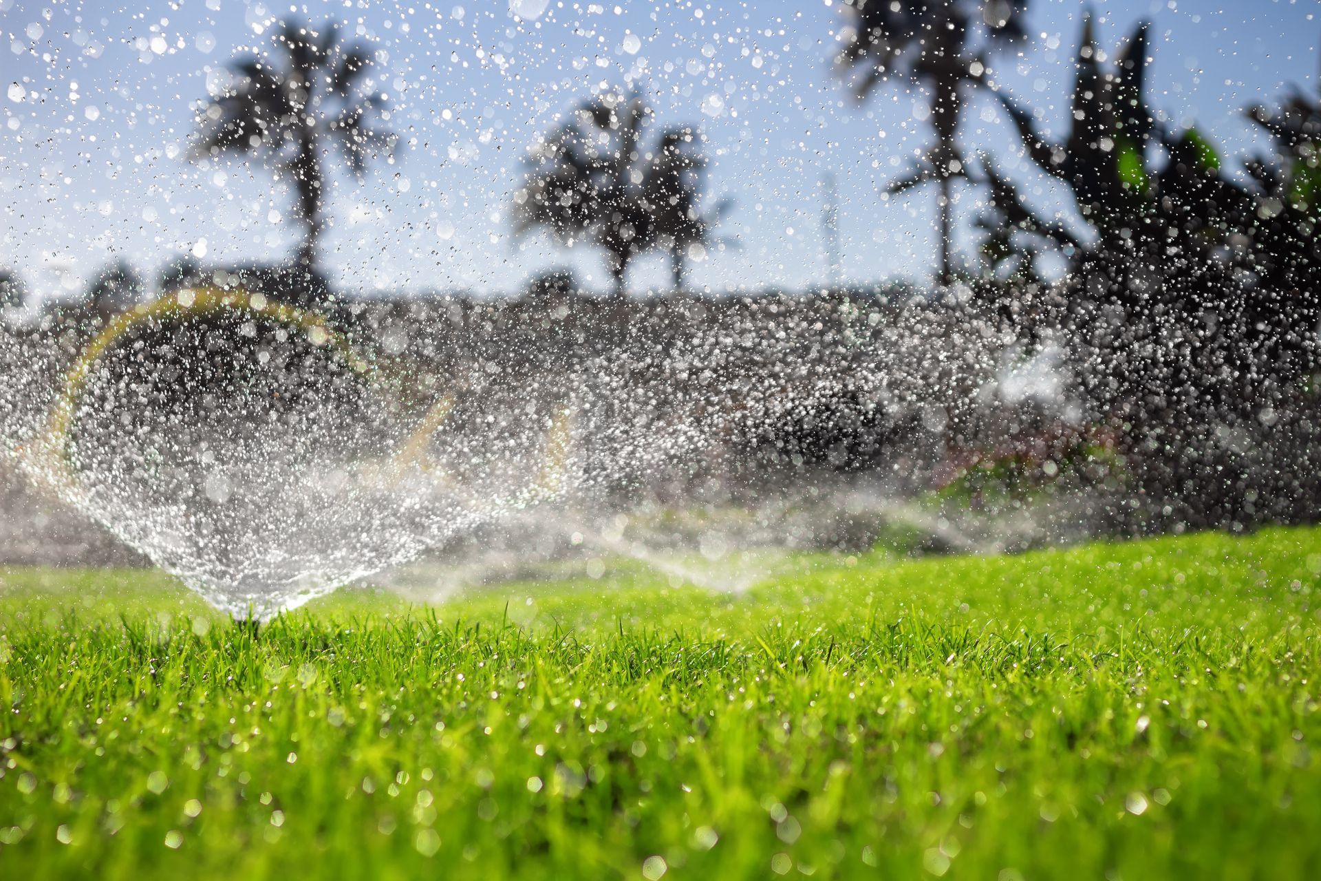 Sprinkler spraying water over a bright green lawn with trees in the background