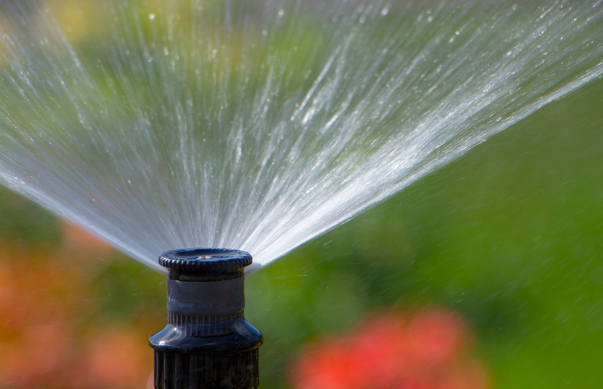 Close-up of a sprinkler spraying water over a green garden with blurred flowers in the background
