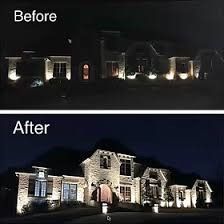 Before and after photos of a house exterior at night, showing added bright landscape lighting.