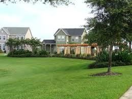 Large green lawn in front of suburban houses with trees and a covered porch