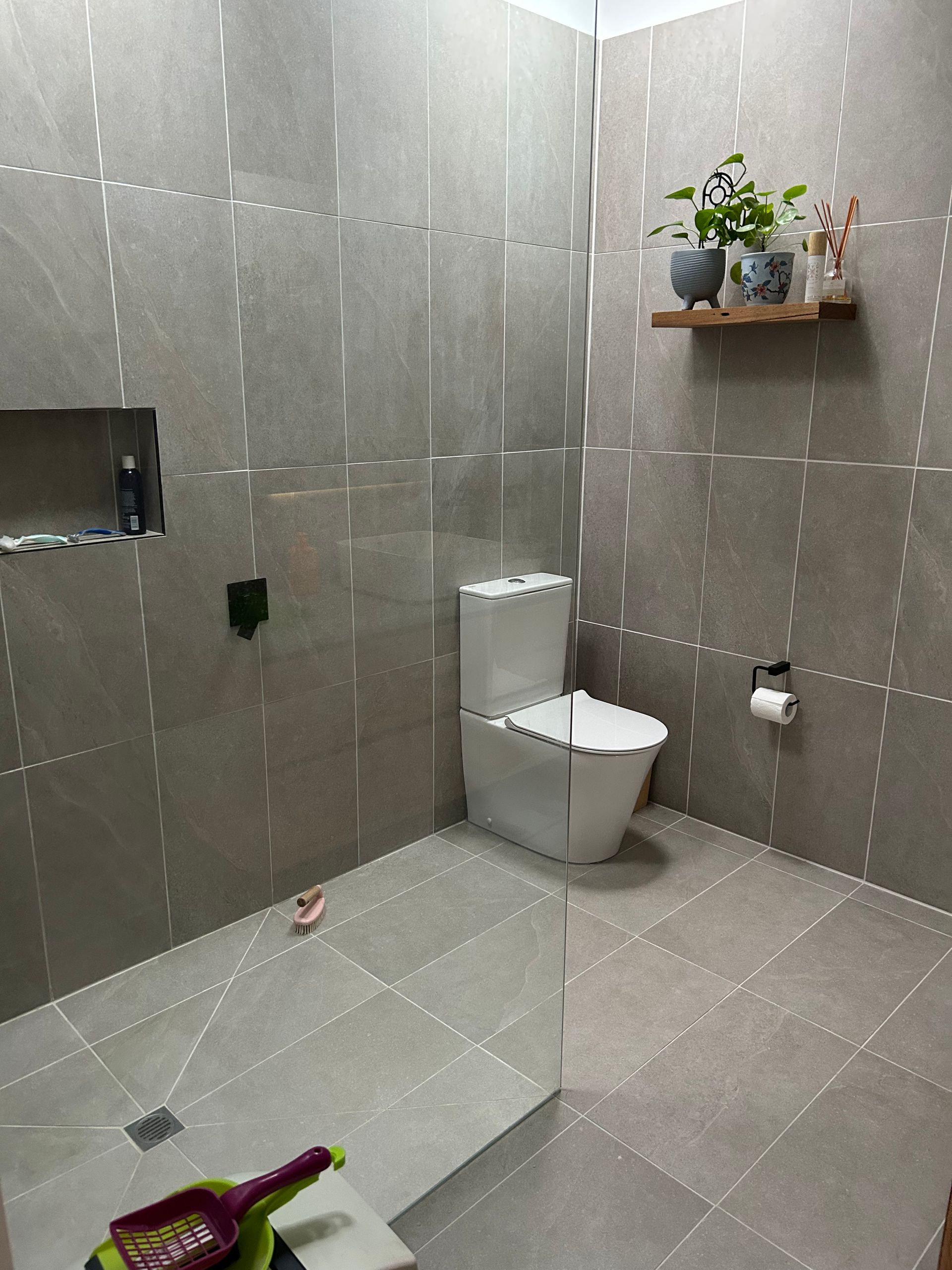 Tiled bathroom with a toilet, shower ledge, and a small wall shelf holding plants and toiletries