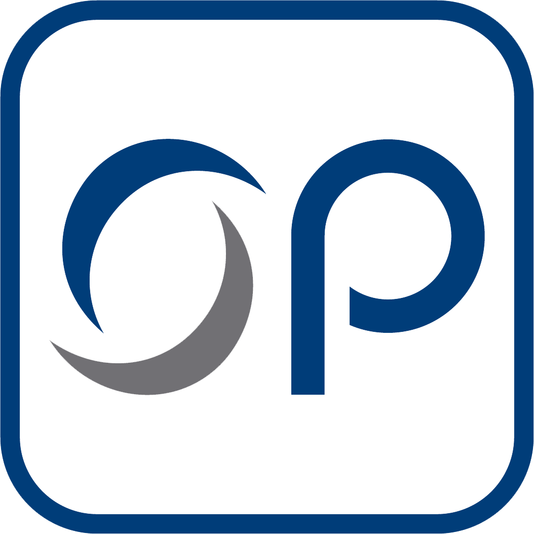 The logo for objective paradigm is blue and gray