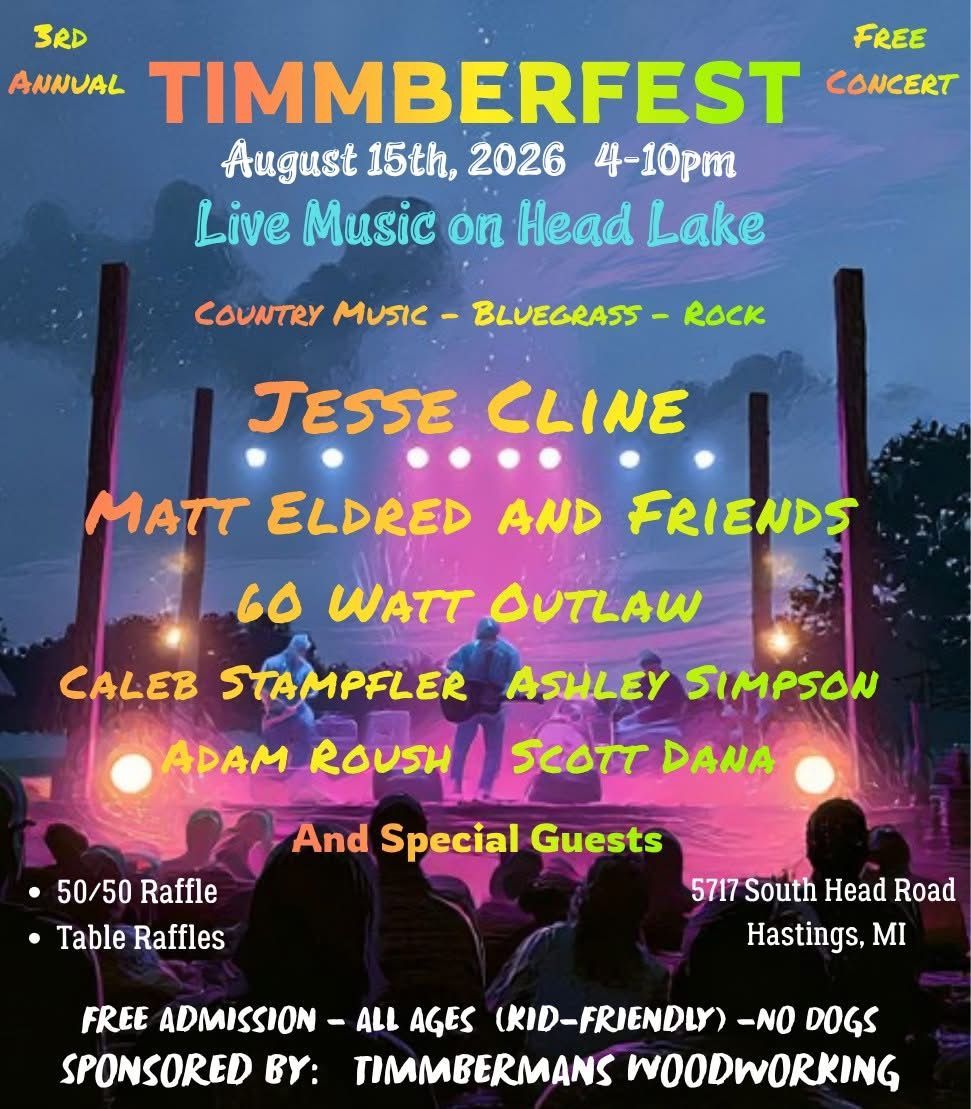 A poster for timmberfest with guitars and violins on a wooden table