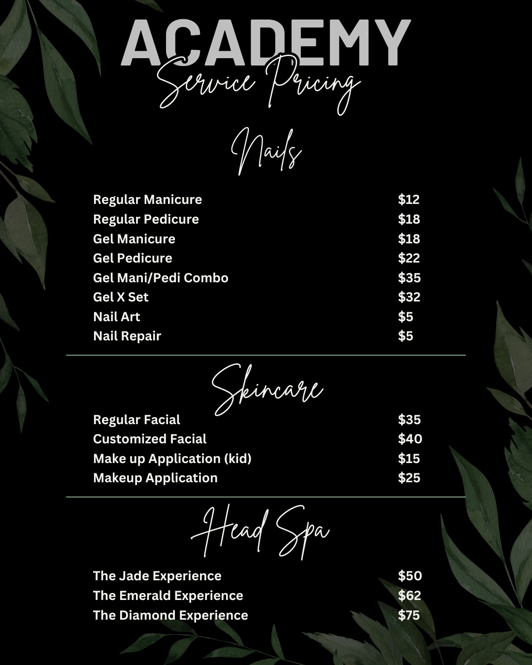 Price list for nail, skincare, and head spa services at 