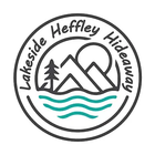 A logo for lakeside heffley hideaway with mountains , trees , and water in a circle.