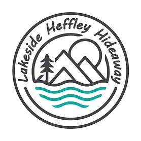 A logo for lakeside heffley hideaway with mountains , trees , and water in a circle.