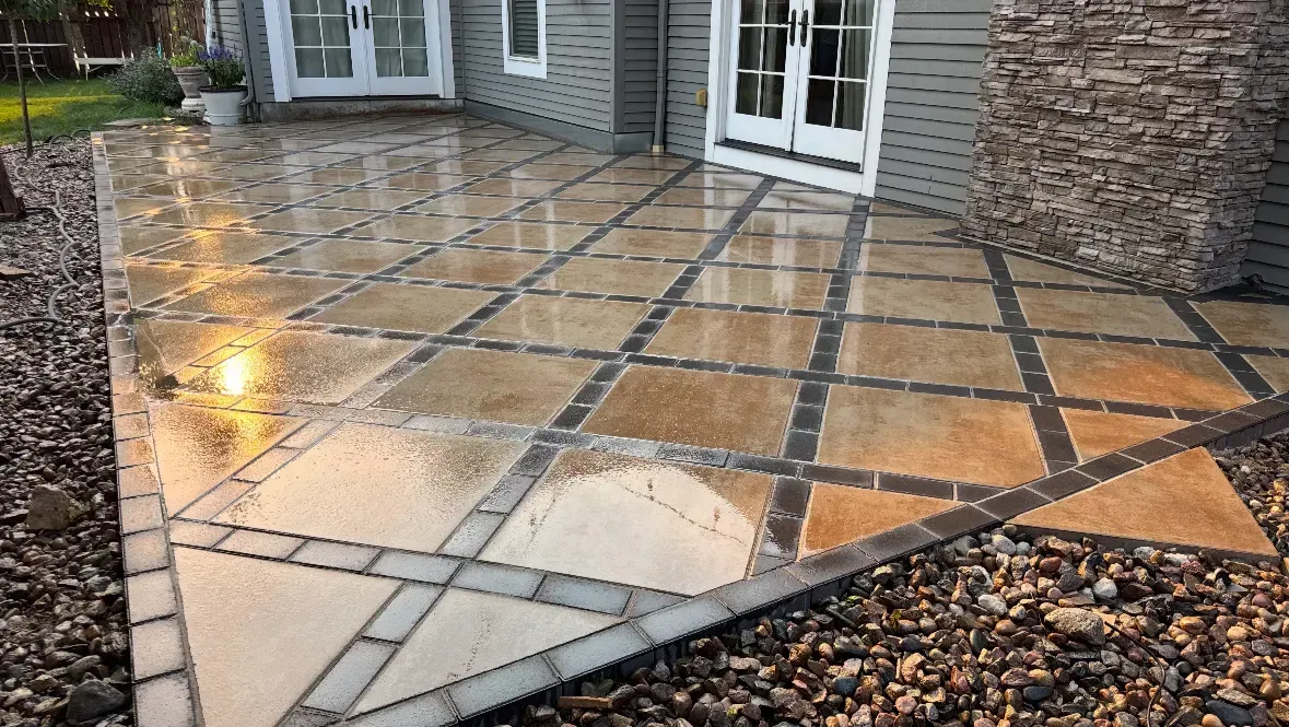Wet stone patio with patterned tiles, next to a gray house, surrounded by gravel.