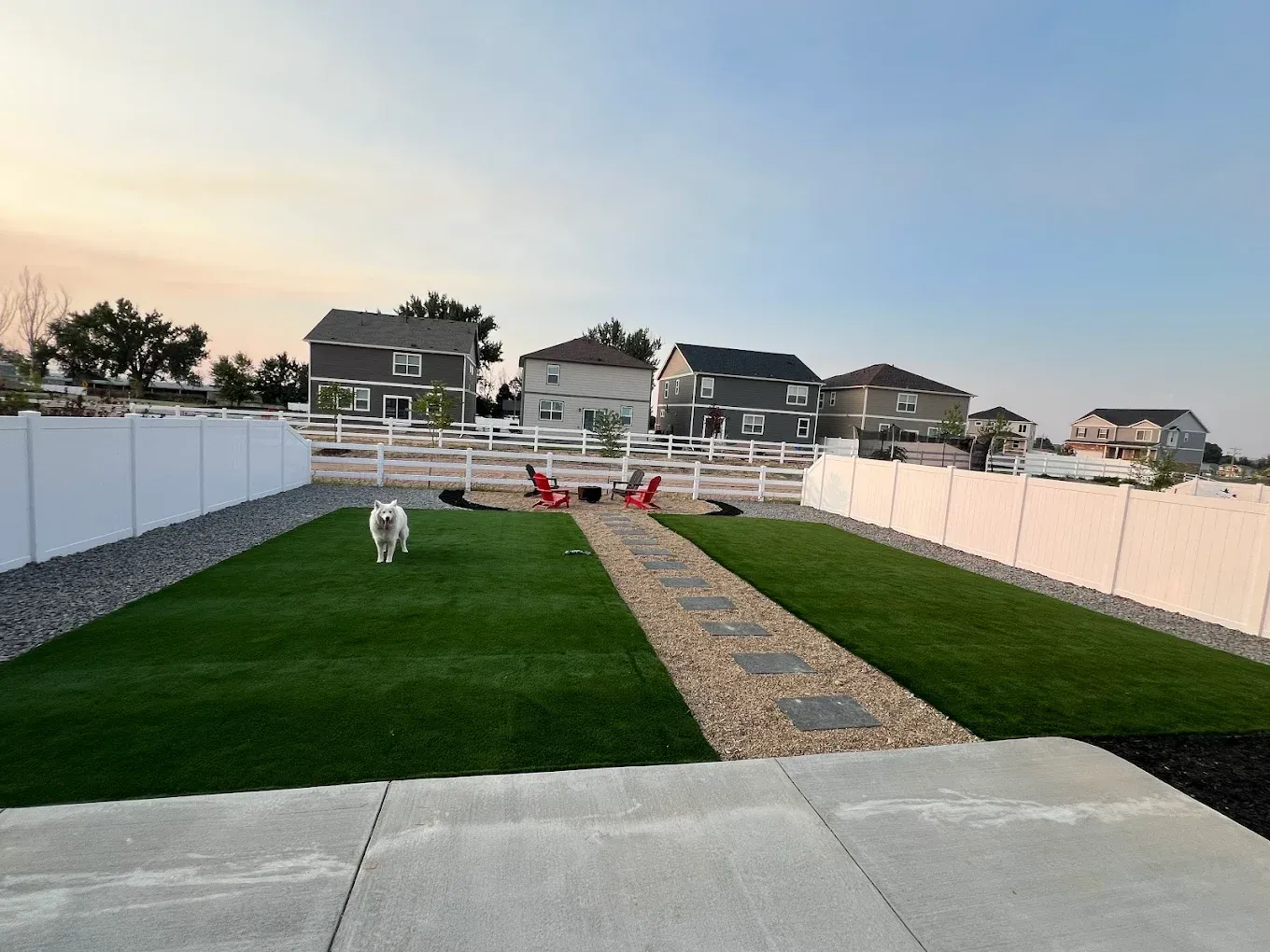 Dog running on green turf yard with stone path, fire pit, white fence, and houses in the background.