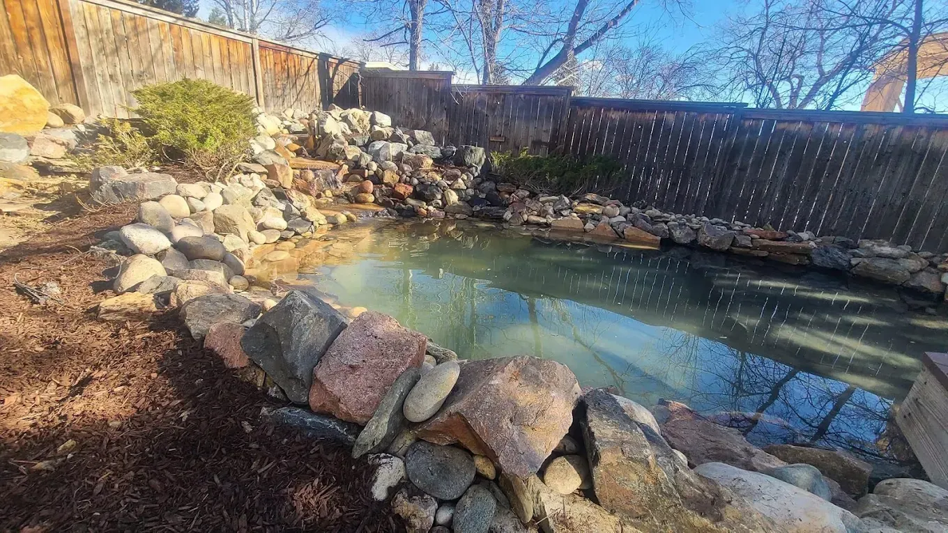 Backyard pond with stone borders, surrounded by mulch and a wooden fence.