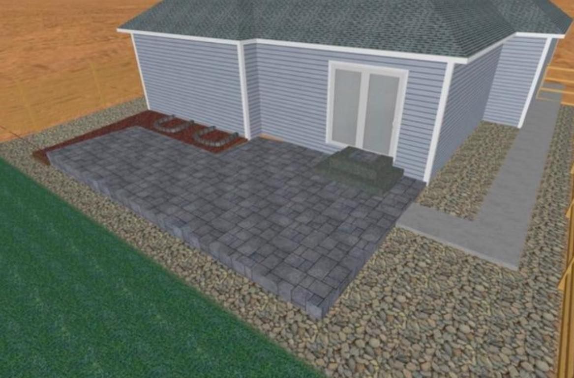 Exterior rendering of a house with a stone patio, steps, and landscaping.