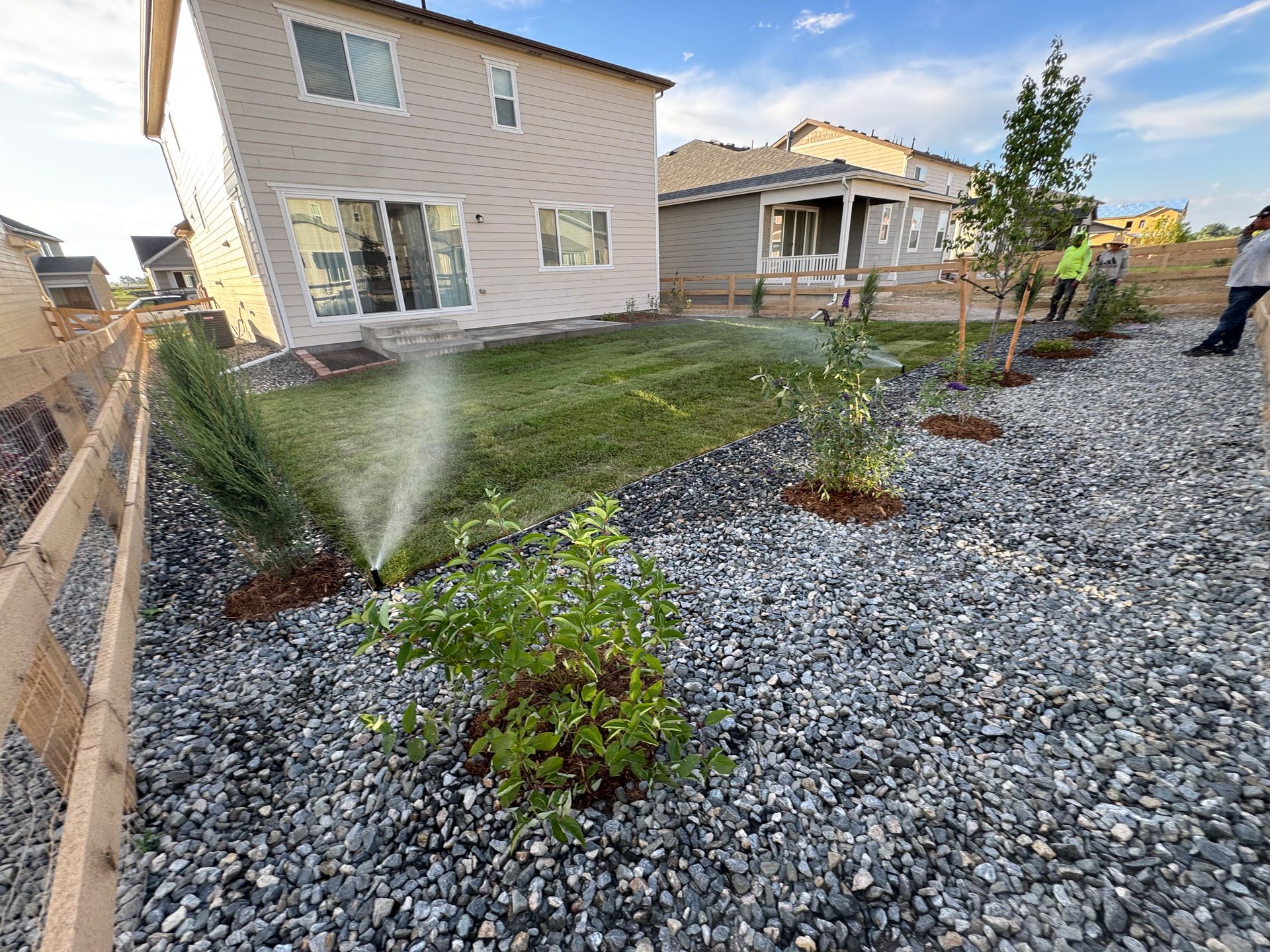Backyard with sprinklers on, gray gravel, small plants, and a two-story house.