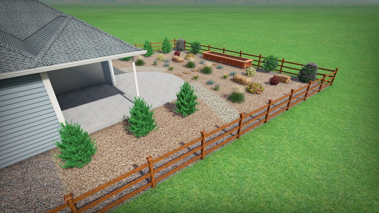 A house exterior with gravel landscaping, a wooden fence, and evergreen shrubs.