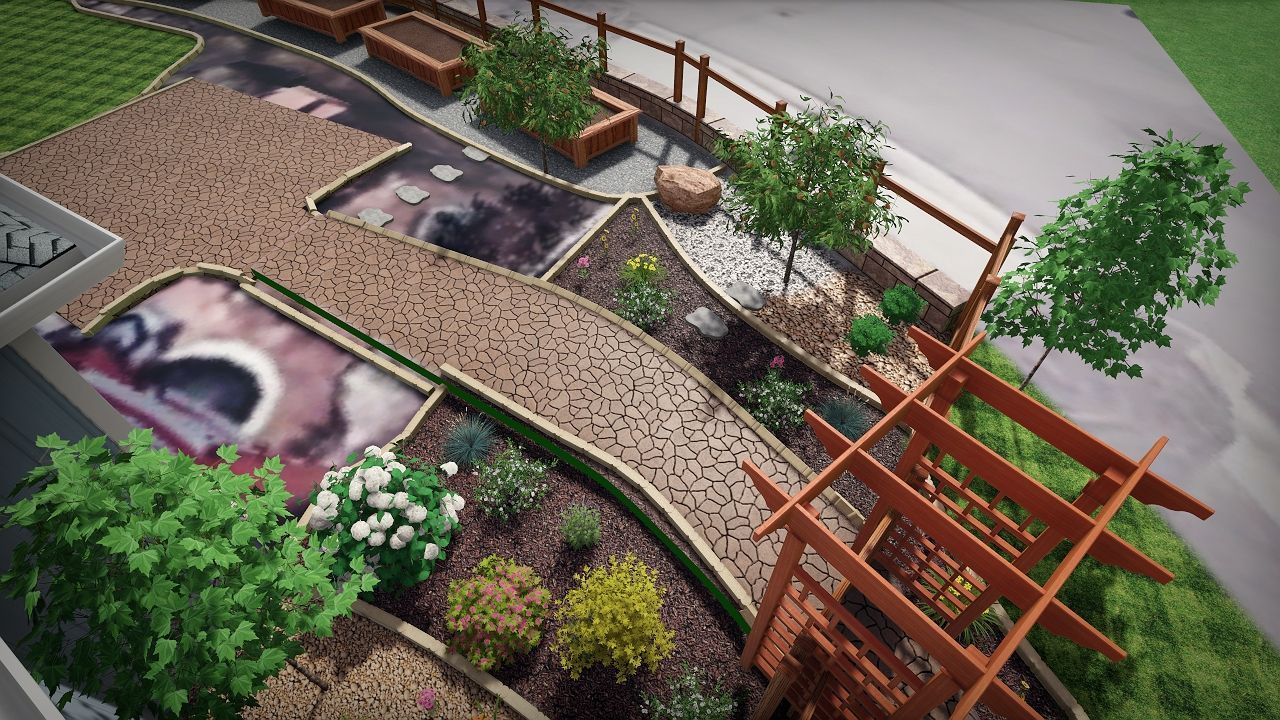 Overhead view of a landscaped garden with pathways, plants, a wooden arbor, and a low fence.