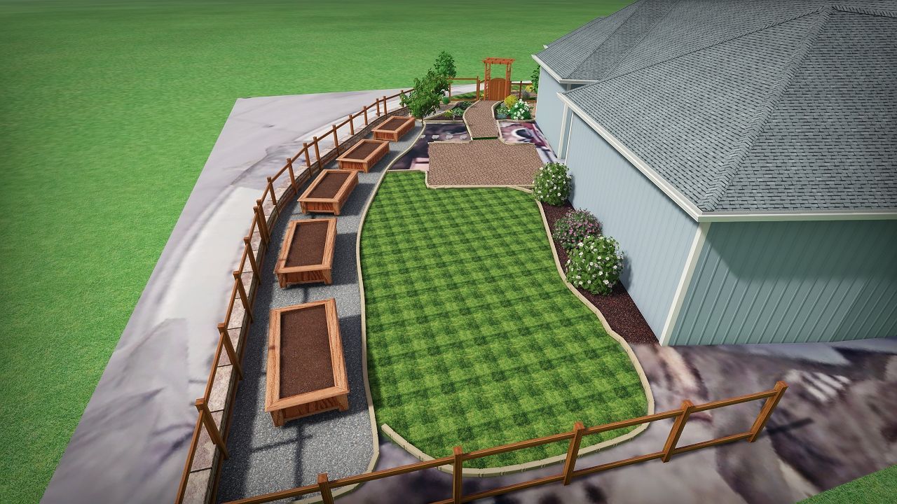 Landscaped backyard with lawn, raised garden beds, and house. Brown fence and pathway.