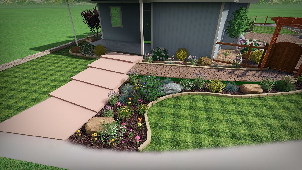 Front yard landscape with stone path, flowers, and a house.