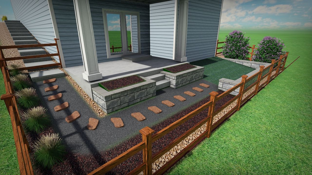 A house exterior with a landscaped yard, stone planters, steps, and a wooden fence.