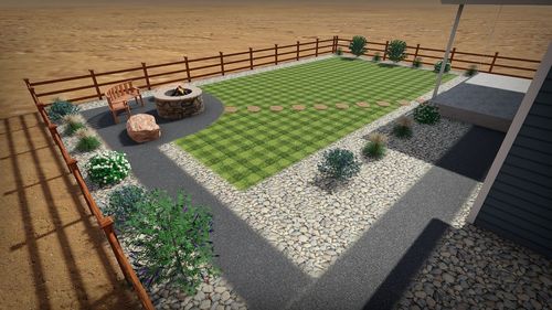Backyard landscape with a fire pit, grass, and gravel pathways.