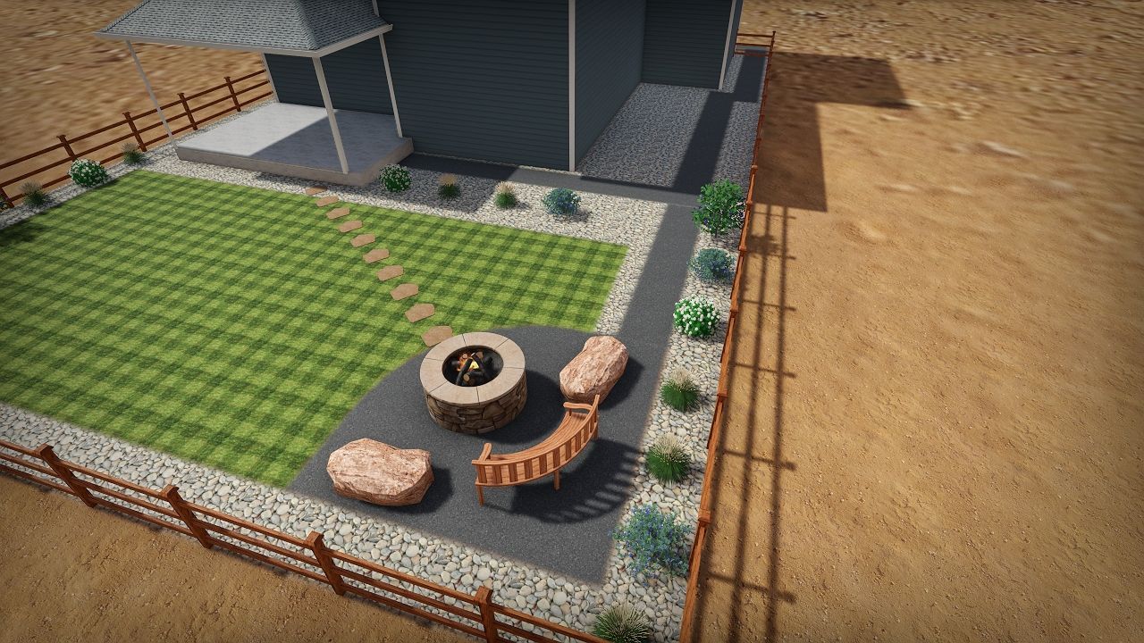 Backyard landscape with a fire pit, seating, lawn, and gravel borders.