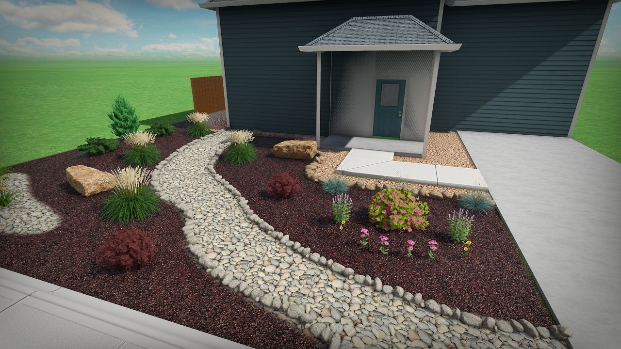 Landscaped front yard with a stone path, colorful plants, and a house.