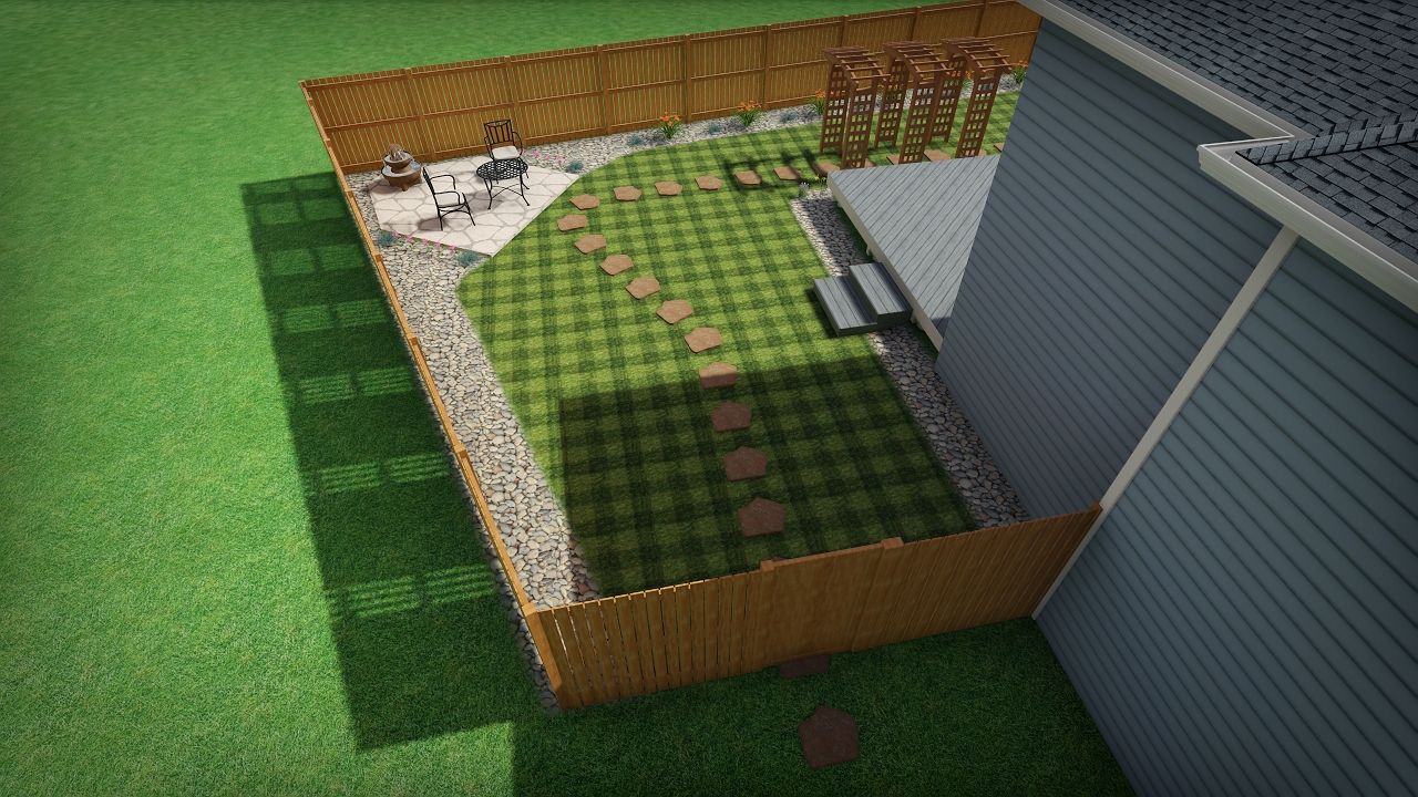 Overhead view of a fenced backyard with a patio, lawn, and walkway. Brown fence, green grass, and blue house siding.