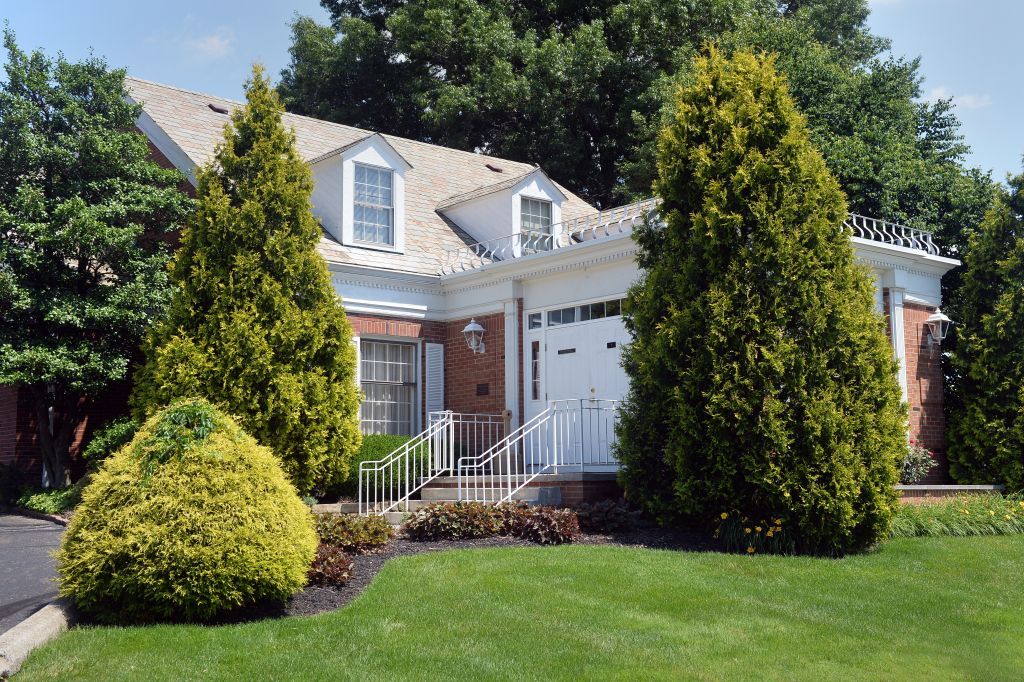 A house with a white garage door is surrounded by trees and bushes