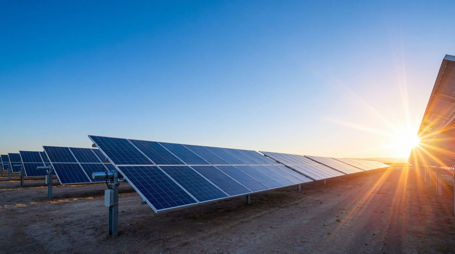 Solar panels at sunrise in a desert landscape with a bright sunburst on the right.