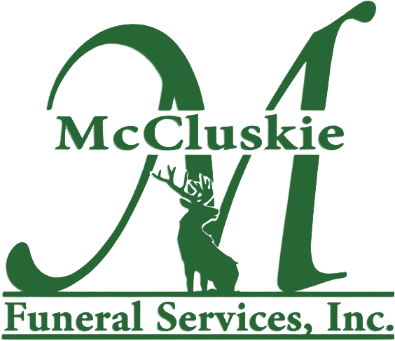 Logo for McCluskie-Miller Funeral Services, Inc. featuring a green elk silhouette centered over a large letter M.