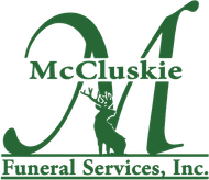 Logo for McCluskie-Miller Funeral Services, Inc. featuring a green elk silhouette centered over a large letter M.
