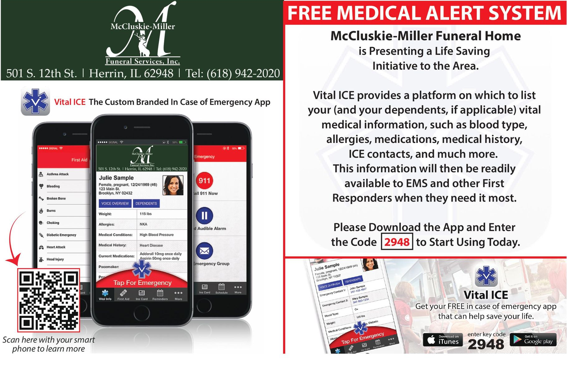 Medical alert system flyer with smartphones, QR code, and red “FREE MEDICAL ALERT SYSTEM” banner