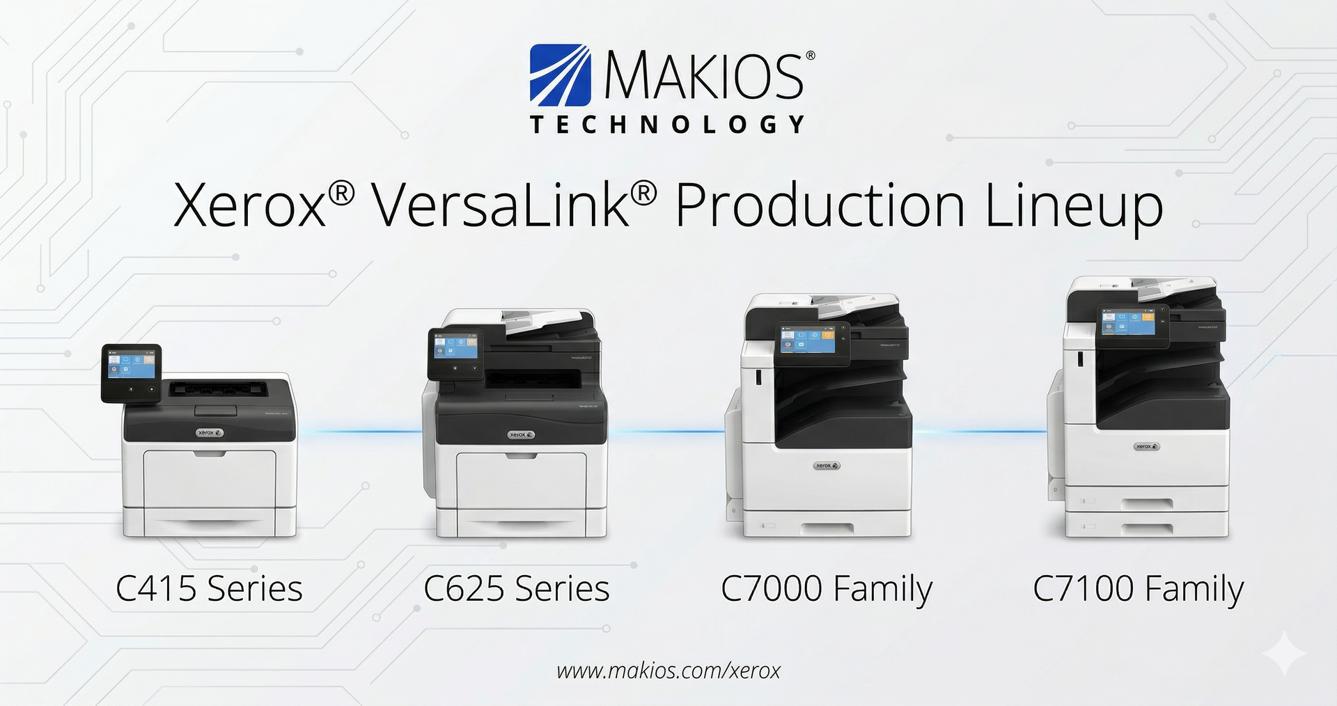 Makos Technology Xerox VersaLink production lineup with four black-and-white printers on a white background