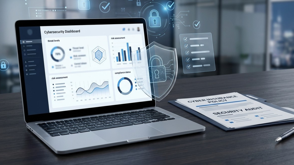 Laptop showing analytics dashboard next to a tablet on a desk, with futuristic data overlays