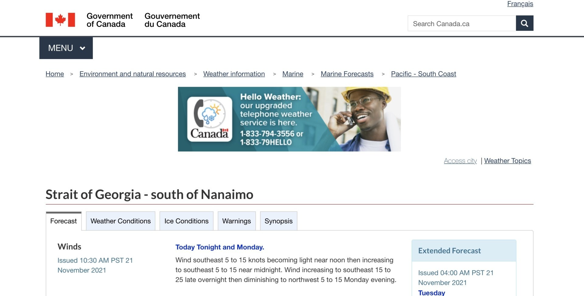 Screenshot of a webpage about Strait of Georgia, south of Nanaimo, with a banner ad.