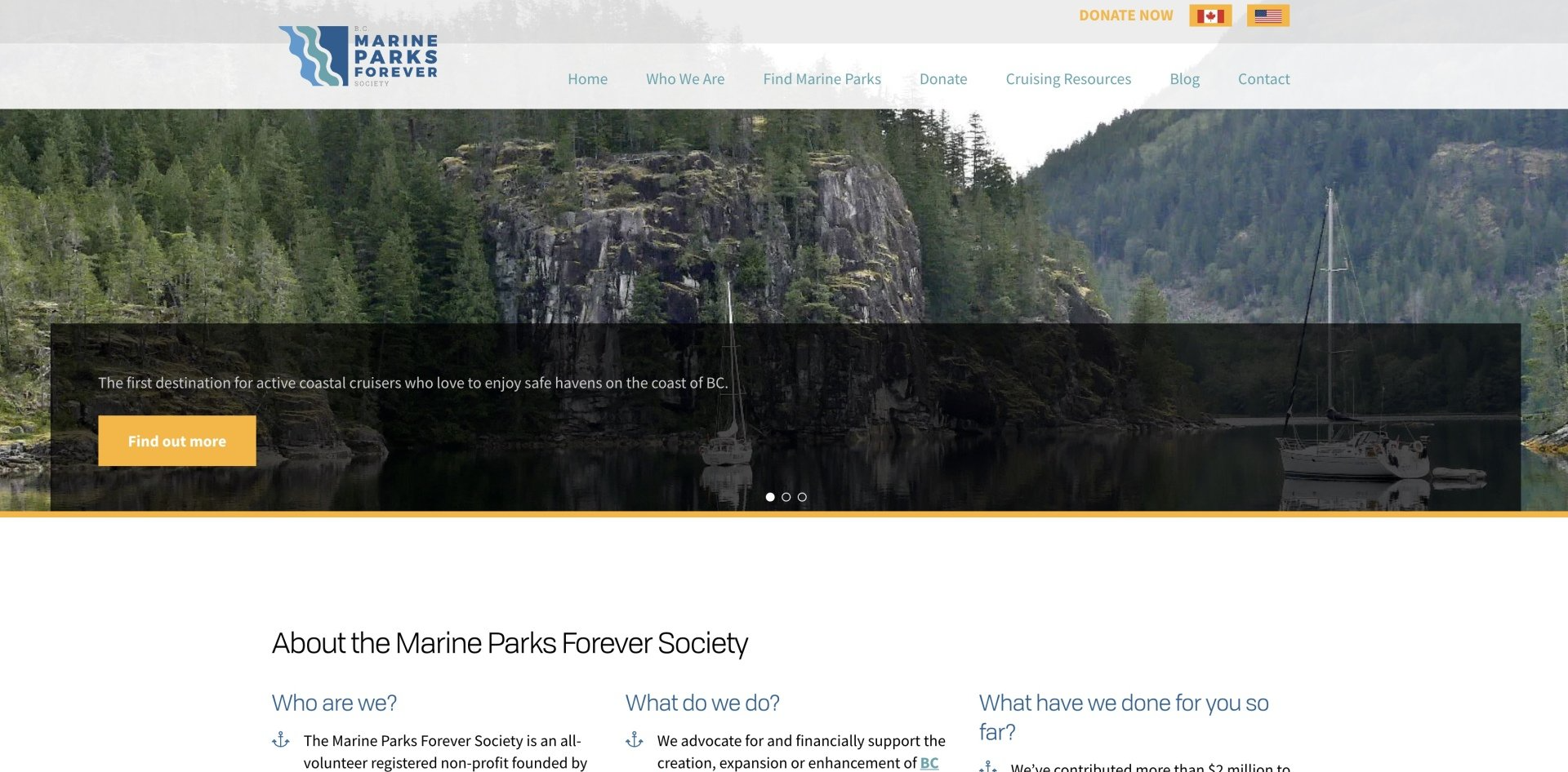 Website homepage with a mountain and water landscape background and a dark banner.