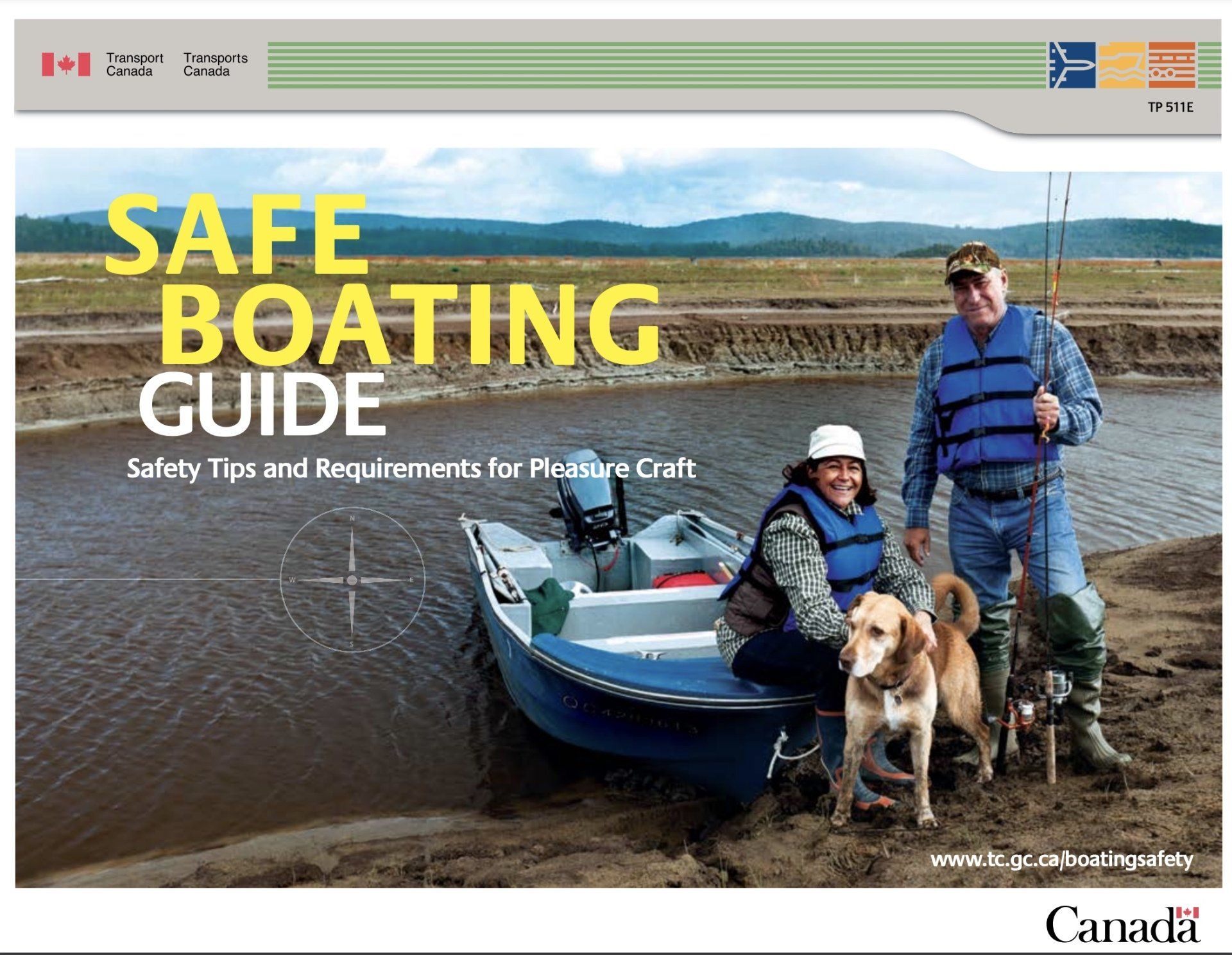 Safe Boating Guide cover: couple with dogs beside a small boat in a waterway, promoting safety tips.