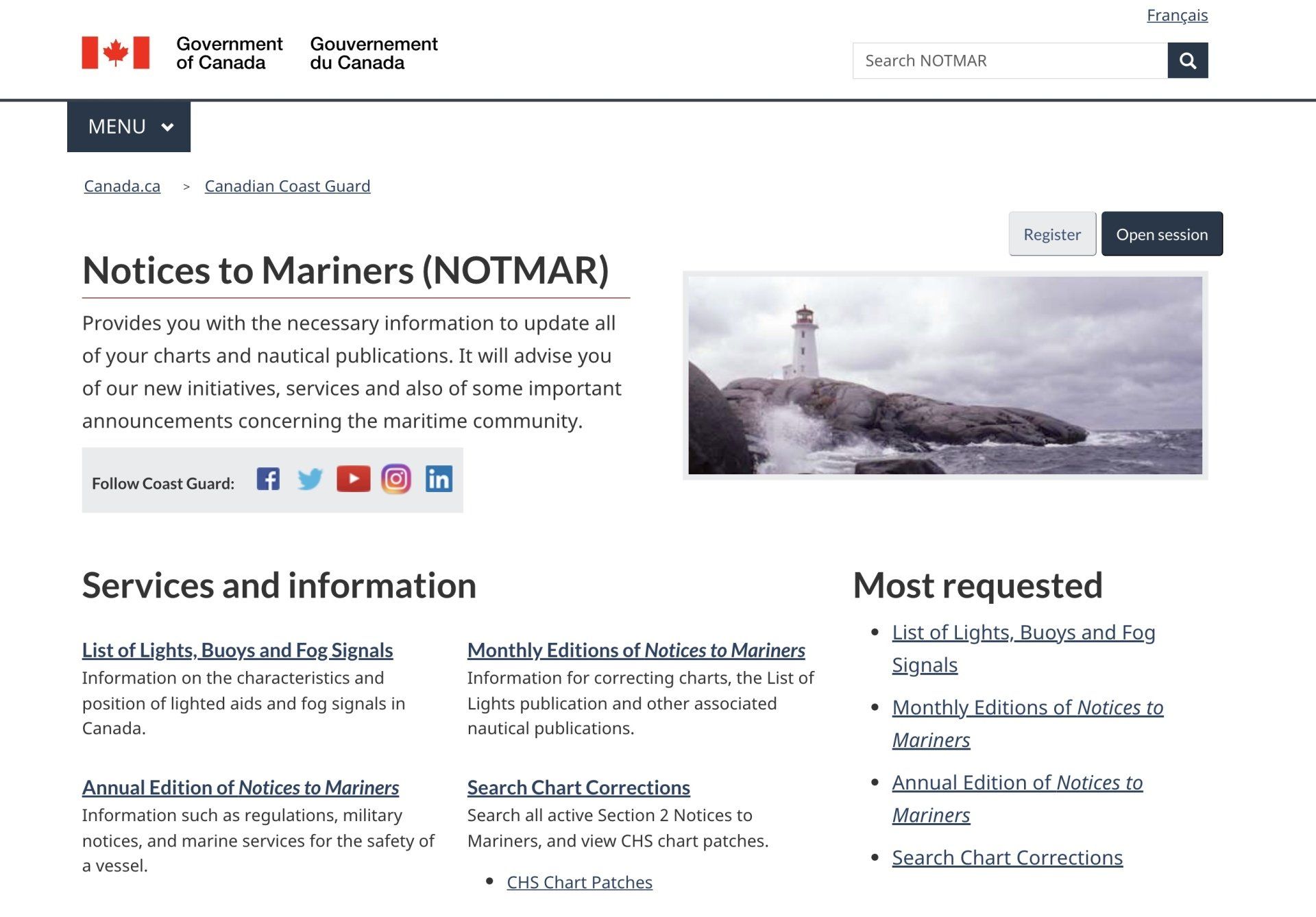 Website for Notices to Mariners with lighthouse photo on a rocky coast.