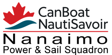 Logo of the Nanaimo Power & Sail Squadron with Canadian maple leaf and text: CanBoat, NautiSavoir, Nanaimo.
